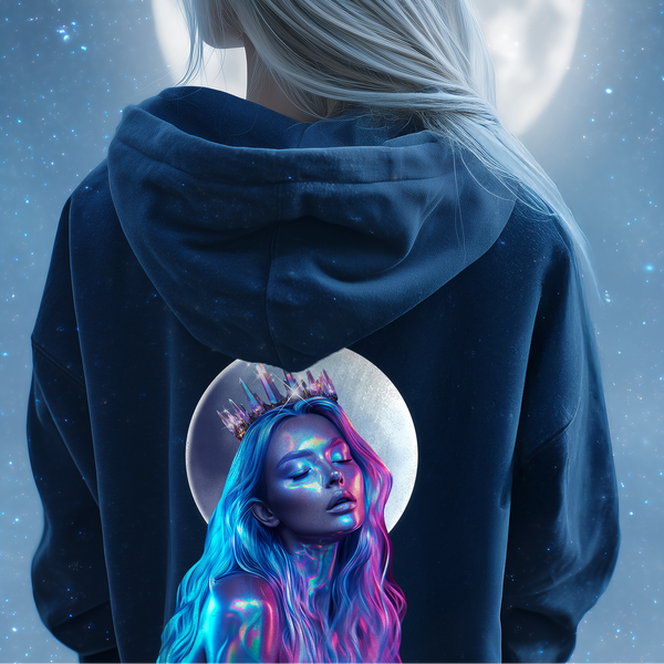 Person wearing a hoodie with a graphic of a woman's face, standing against a starry night sky with a moon.