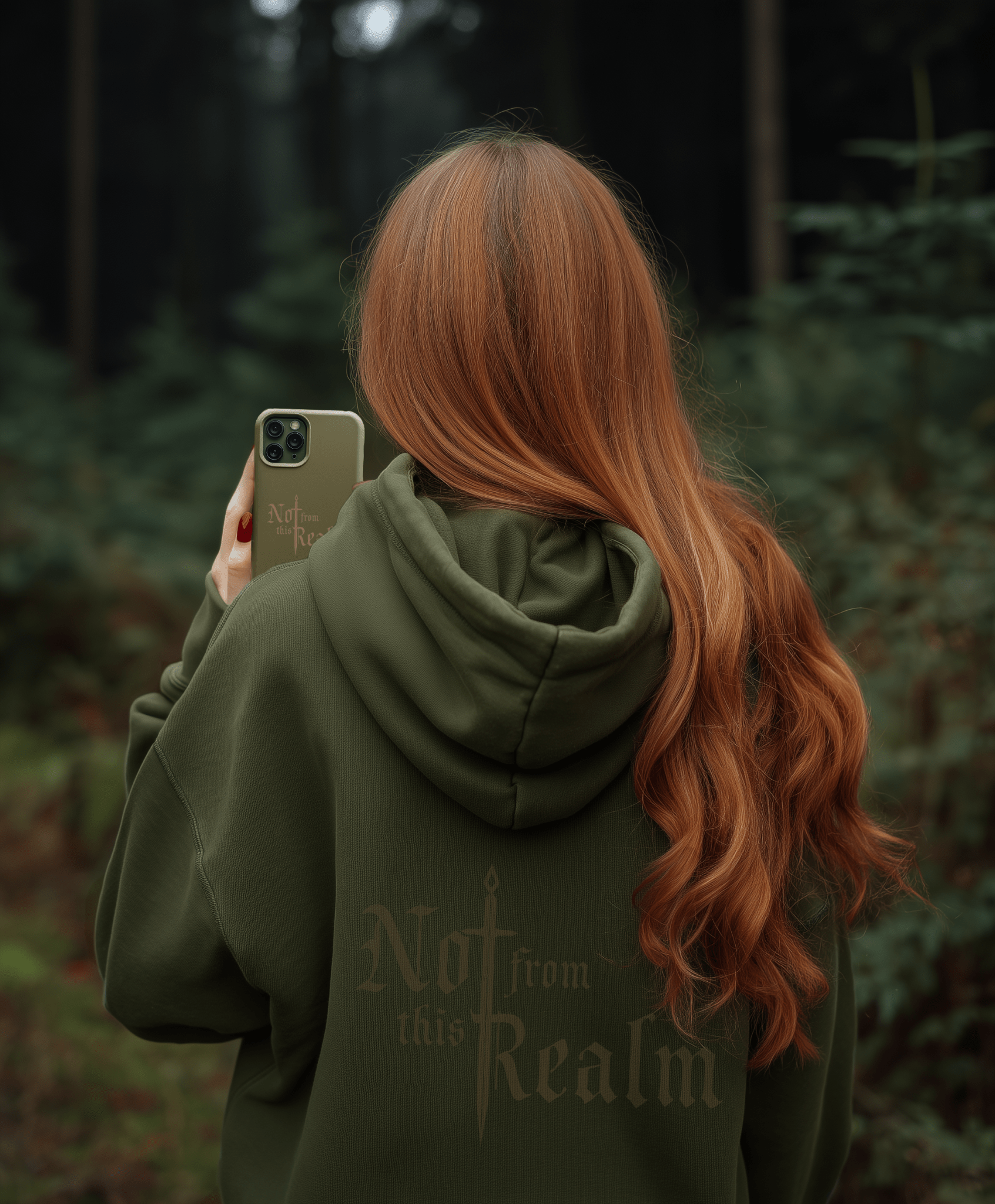 Monochrome Hoodie — Deepwood Green with sleeve detail - Not From This Realm