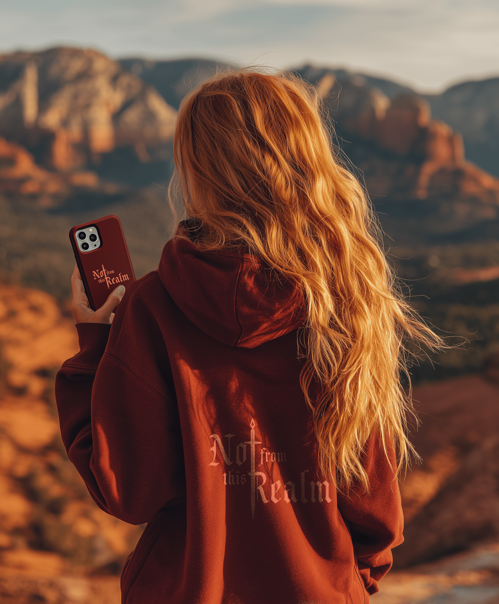 Monochrome Hoodie — Moonblood Red with sleeve detail - Not From This Realm