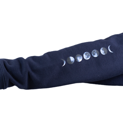 Navy blue long-sleeve shirt with silver moon phase design on a white background