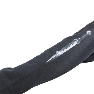 Black sleeve with a clear dagger-like object embedded in it on a white background