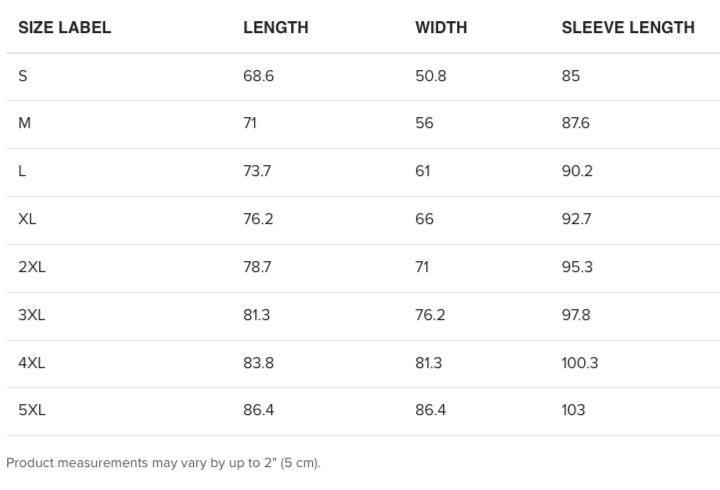 Table displaying size labels, lengths, widths, and sleeve lengths with measurement variations.